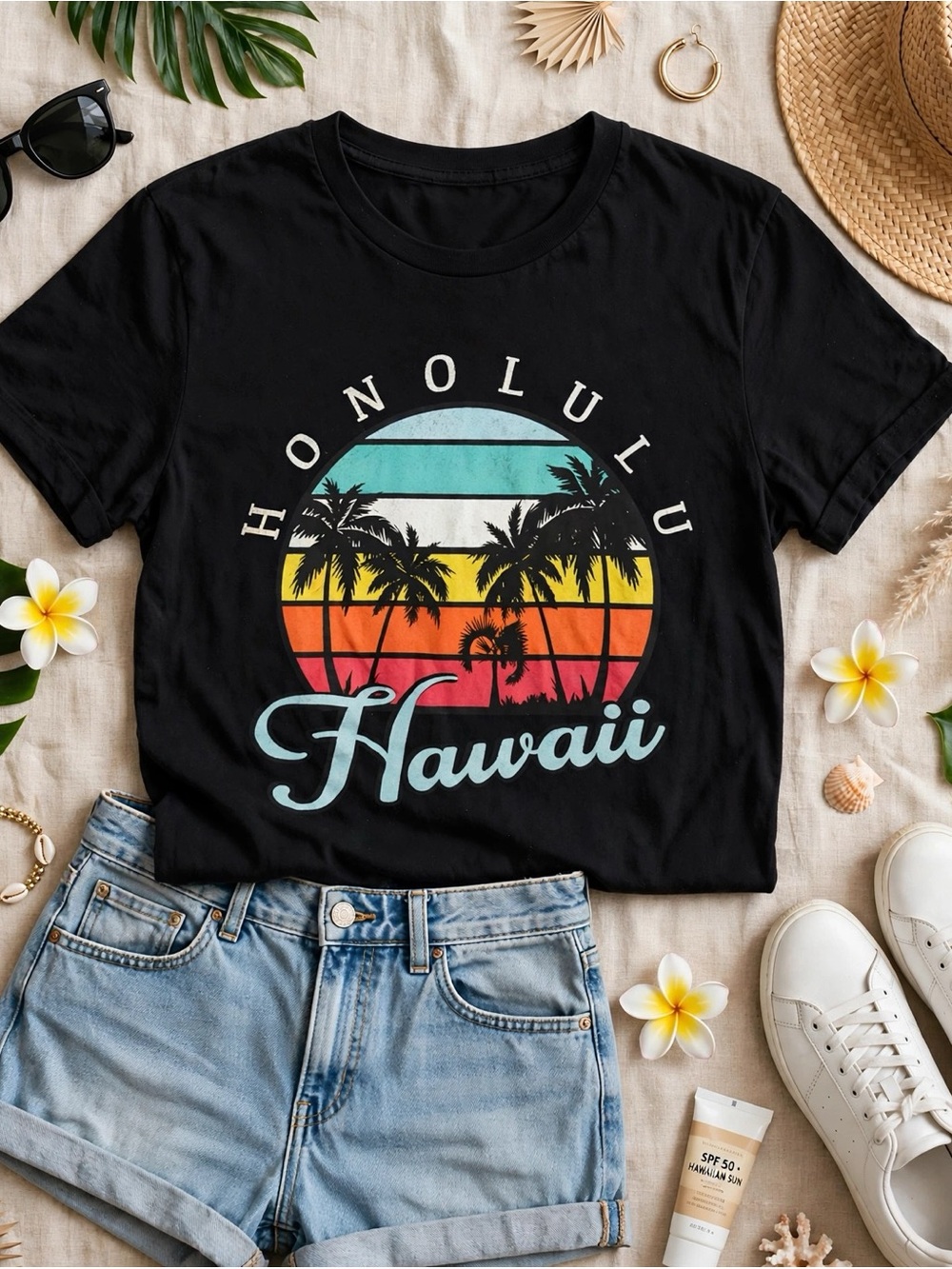 On Fire Black Tee with Tropical Honolulu Hawaii Sunset Graphic